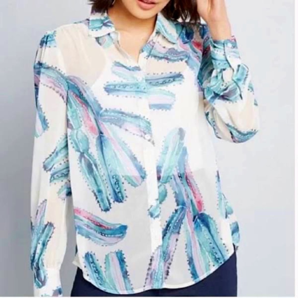 Modcloth Cactus Watercolor Button Down Blouse XS